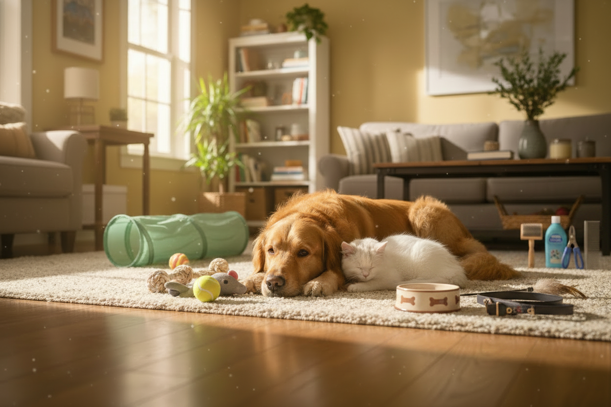 Dog and cat with mixed pet products